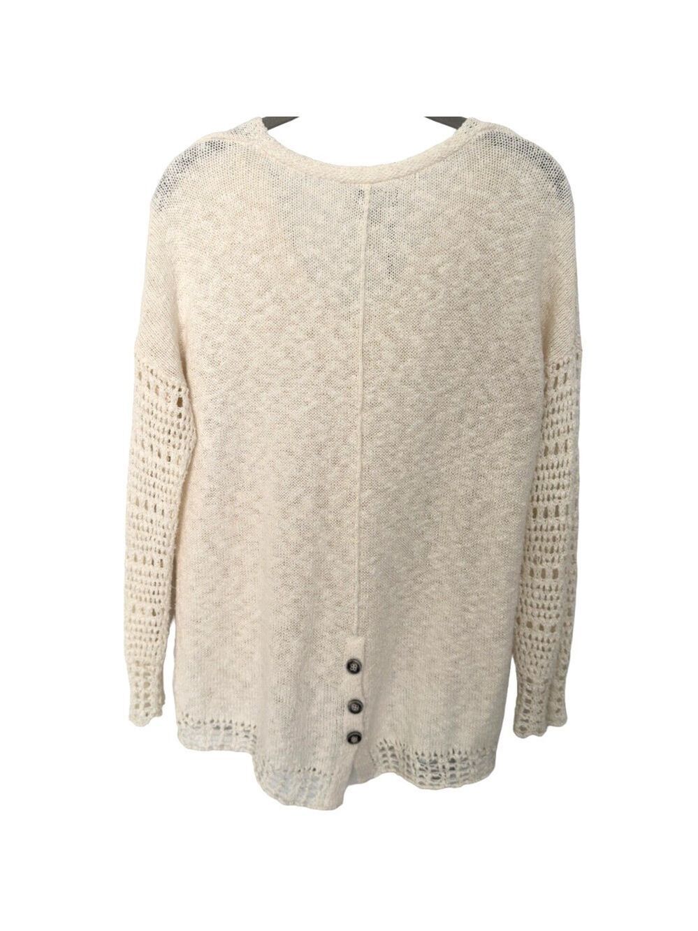 Lucky Brand Oatmeal Crochet Knit Sweater Cotton Blend V Neck Back Buttons